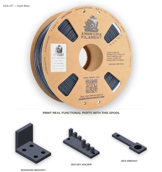 Spool of Ambrosia Filament on a white background with examples blue