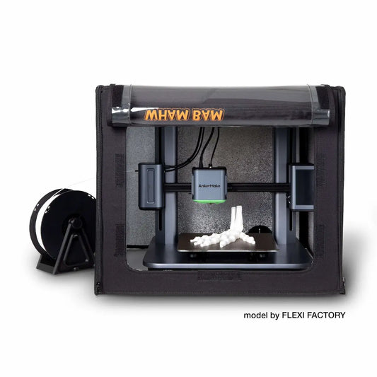 WhamBam Hot Box with a White background and a spool of white filament