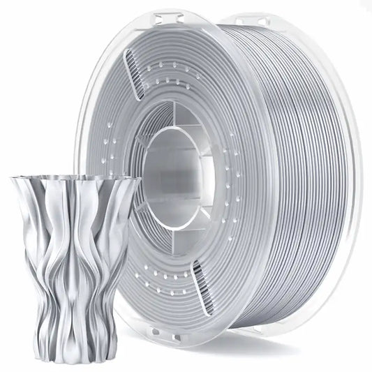 Spool of white filament and a 3D printed vase with wavy design on a white background