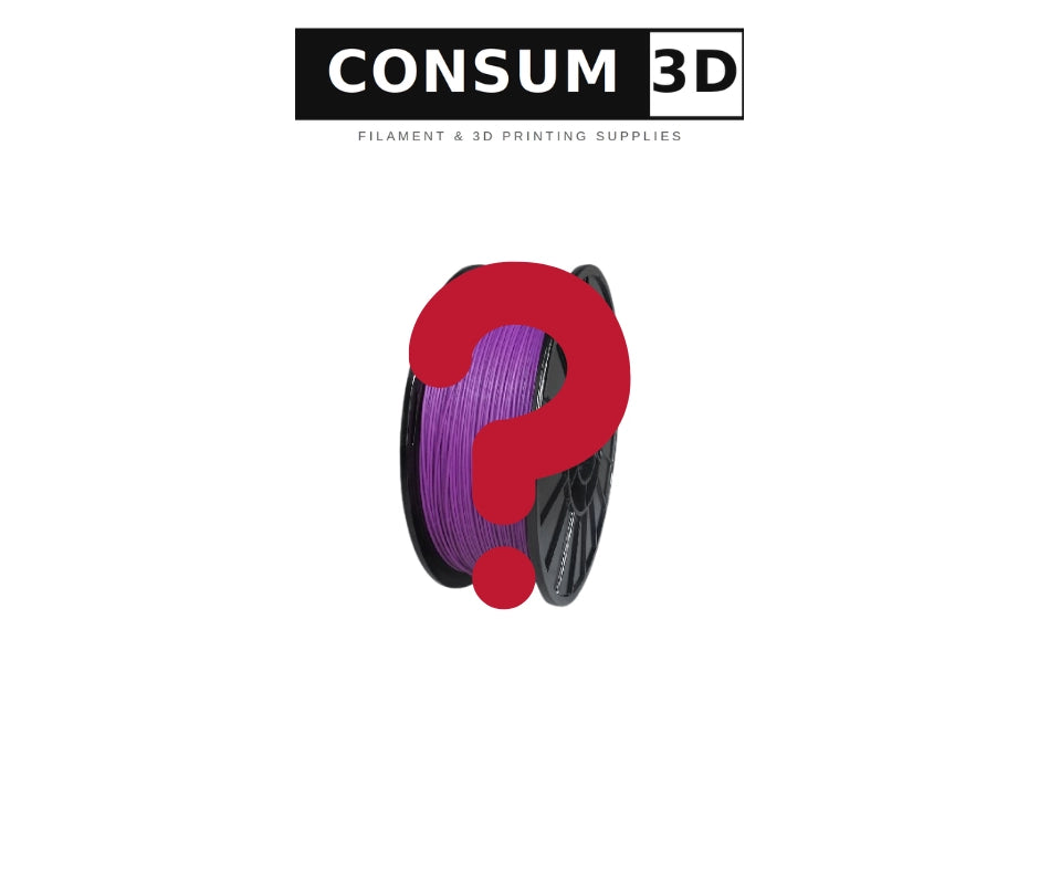 A spool of purple 3D printing filament with a large red question mark overlay, below the 'CONSUM 3D' brand logo on a plain white background.