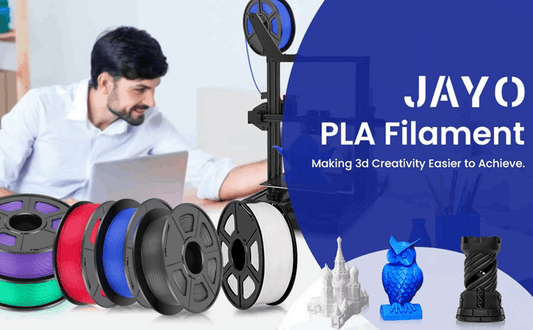 Person using a 3D printer with JAYO PLA Filament displayed prominently.