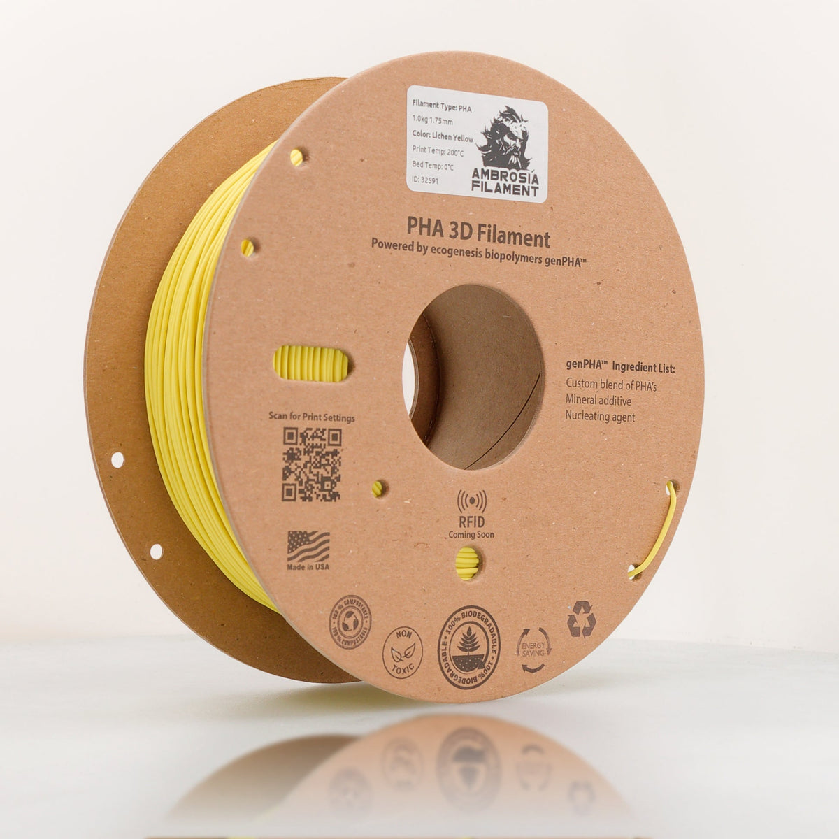 Ambrosia PHA filament in Lichen Yellow, 1.75mm 1kg spool