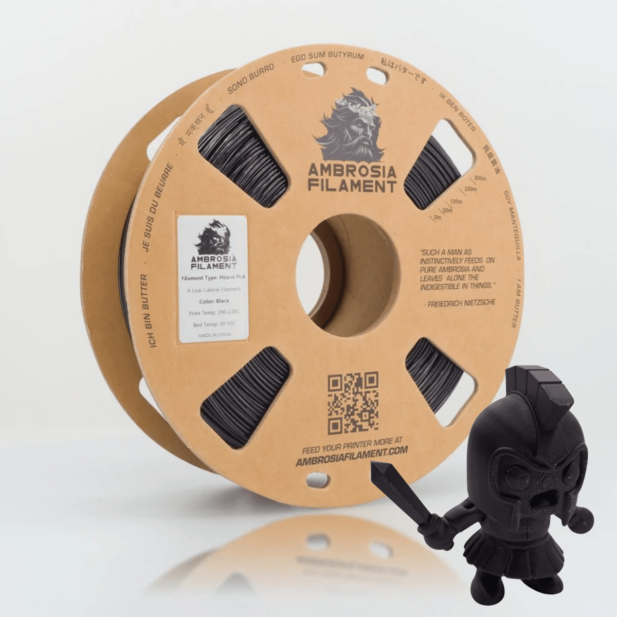 Ambrosia PLA filament 1.75mm 1kg in Black on a cardboard spool