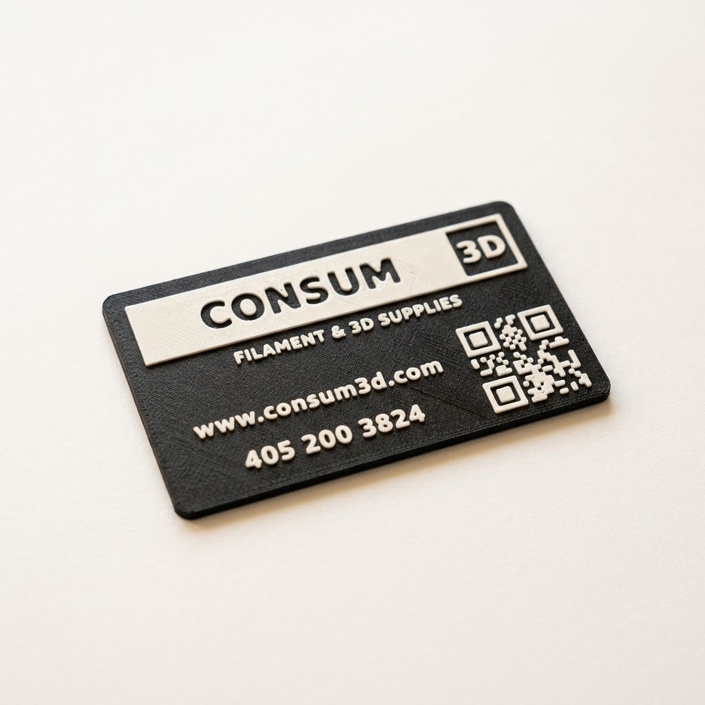 Black 3D printed plastic business card with raised white logo, contact details and QR code design