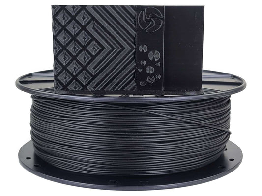 Spool of black 3D printing filament with a branded spool holder on a white background