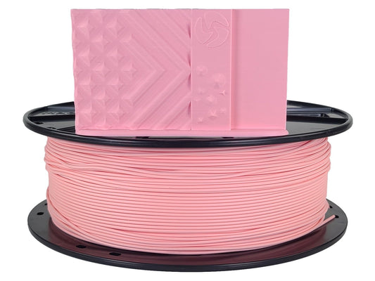 Spool of pink 3D printing filament on a white background