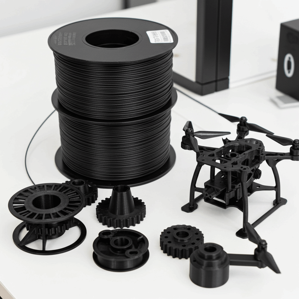 Spools of black 3D printing filament and a partially assembled drone on a white surface.