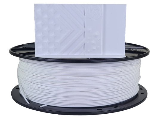 Spool of white filament on a black reel with a white background