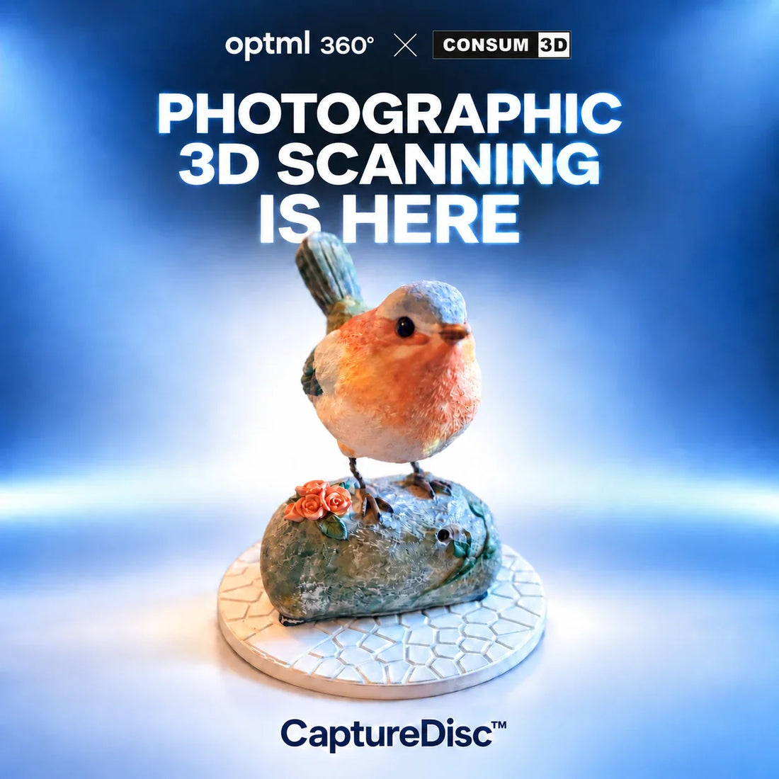 Optml 360 x CONSUM3D graphic reading 'Photographic 3D Scanning Is Here' above a detailed 3D scan of a bird figurine captured using CaptureDisc