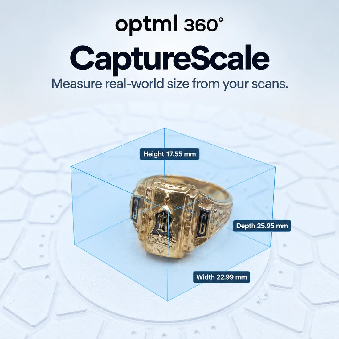 CaptureScale measurement overlay showing the height, depth, and width of a ring scanned on the CaptureDisc, an example of 3D scanning from camera footage