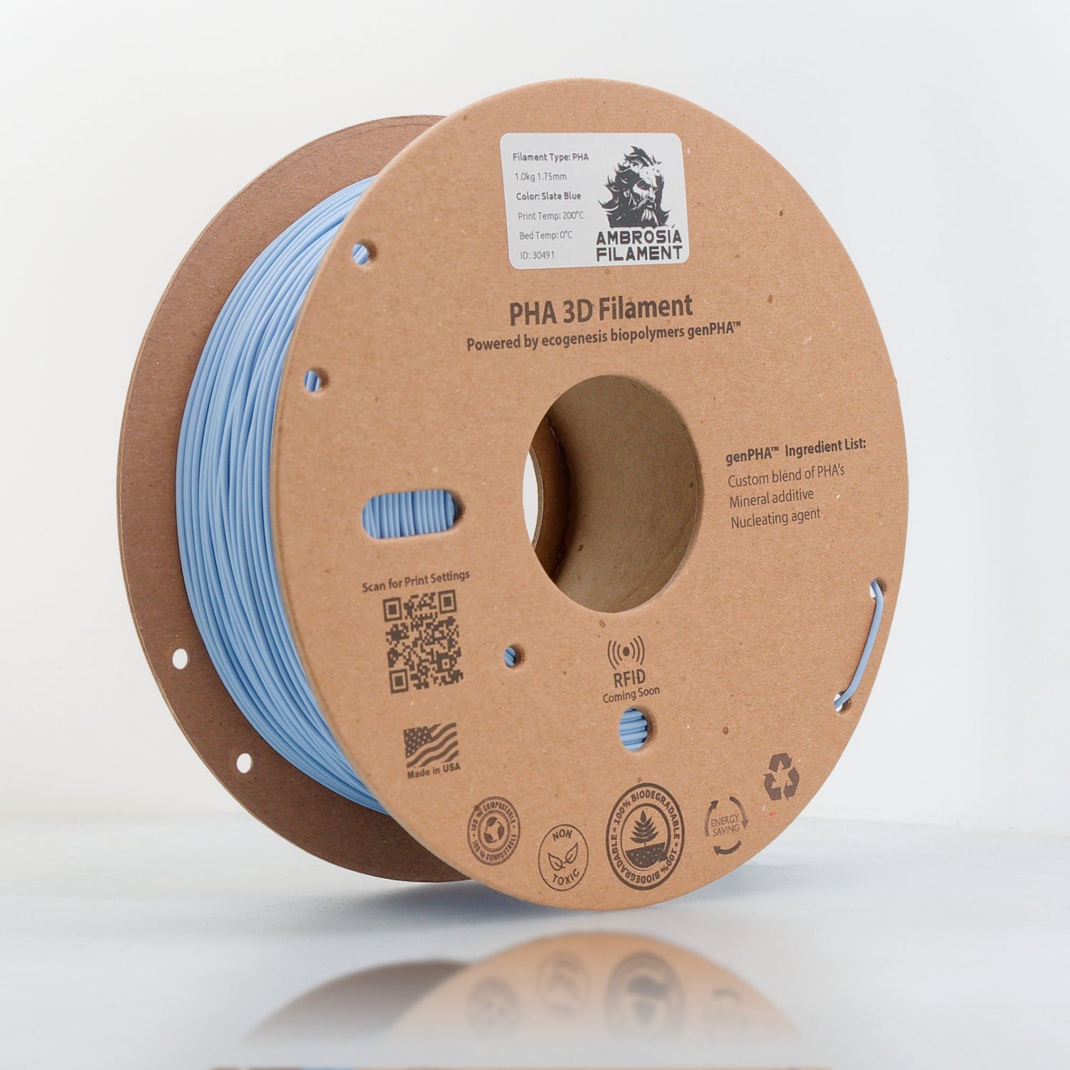 Blue spool of PHA filament with a white background