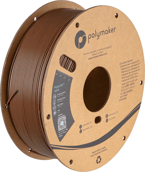 Polymake Polylite ASA Brown filament with a white background