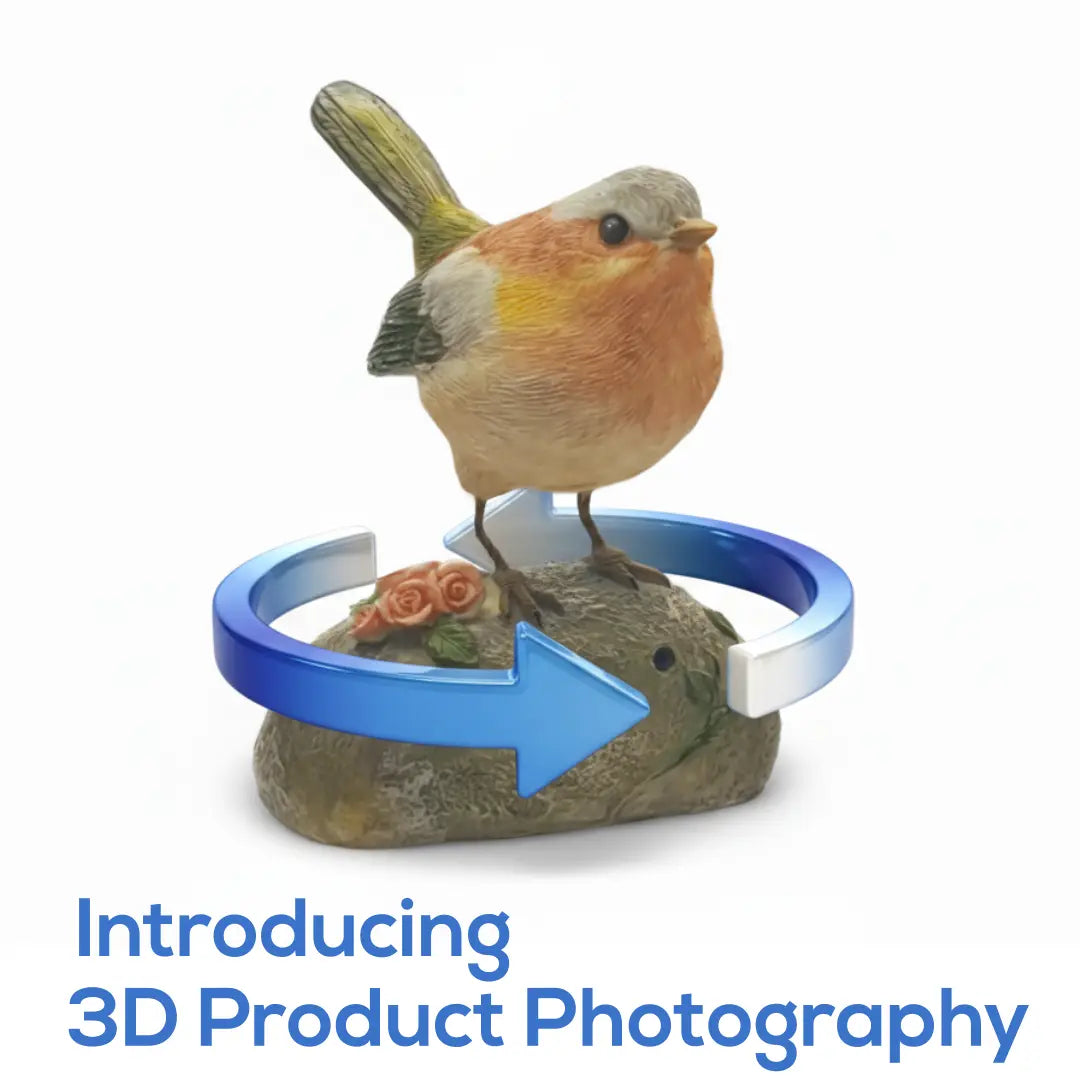 Bird figurine on a rock with a blue arrow pointing to it, text 'Introducing 3D Product Photography' below.