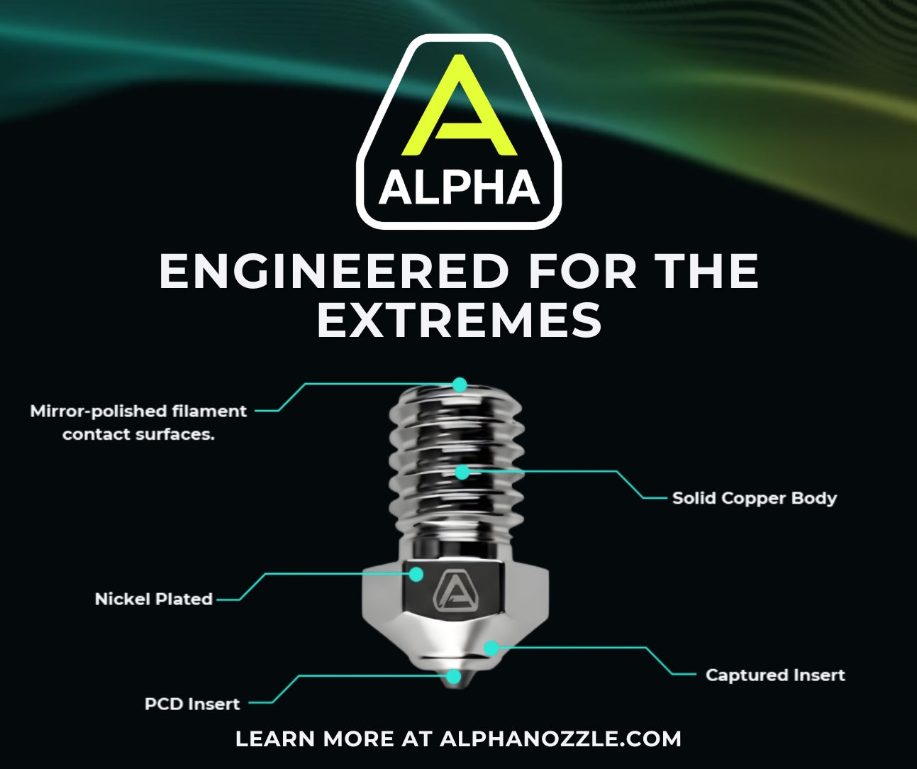 Alpha nozzle with features highlighted on a dark background