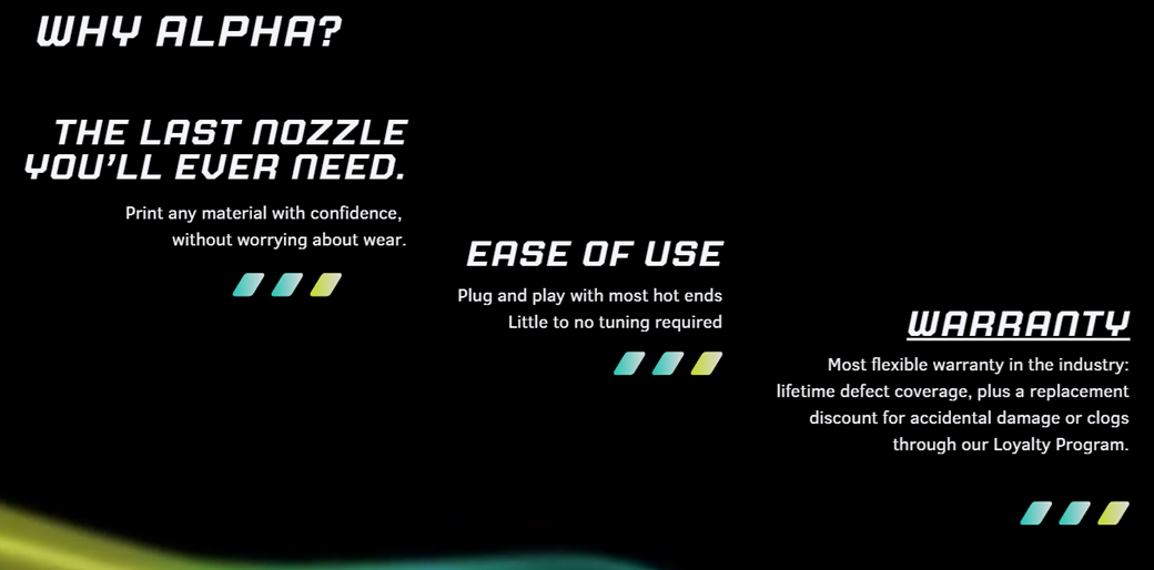 Promotional text about an alpha PCD Nozzles with features on a black background