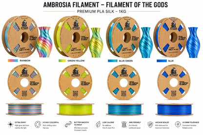 Promotional graphic for Ambrosia Filament showing eight spools of premium PLA silk filament in different colors, including rainbow, green-yellow, blue-green, and blue. Each spool is shown with a 3D-printed sample of the filament and descriptive text and feature icons below.
