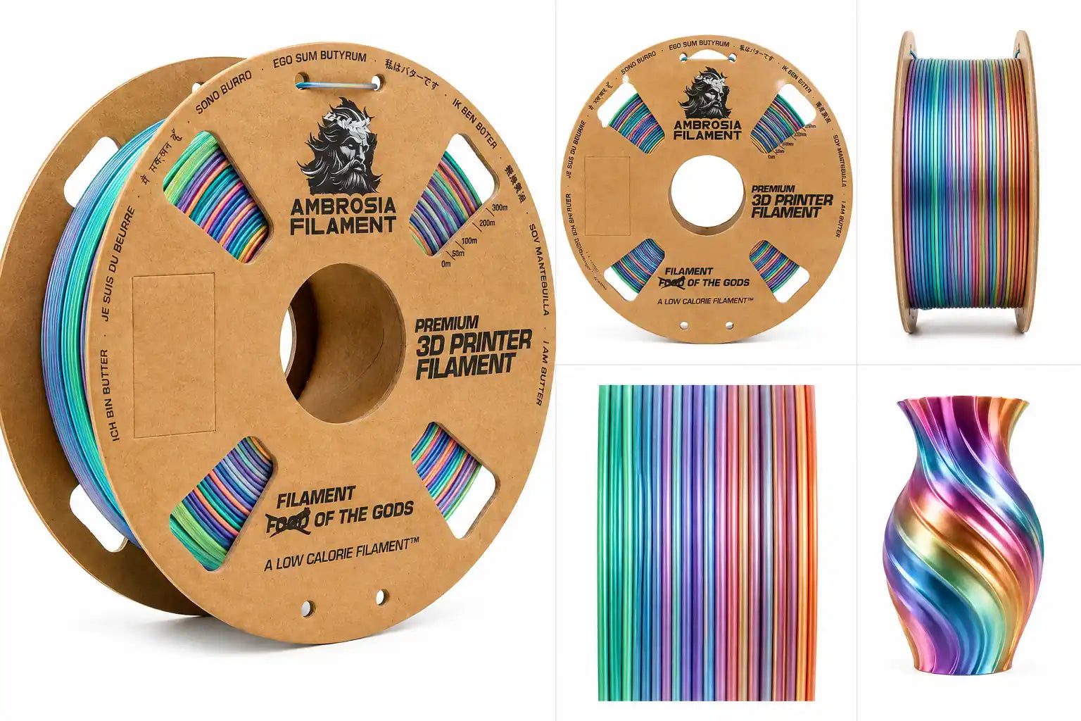 Ambrosia Filament 3D printer filament in a rainbow gradient, shown on a large spool with two smaller views: a flat section of the spool, a side view of the spool, a close-up of the striped filament strands, and a 3D vase printed with the filament.