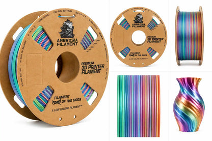Ambrosia Filament 3D printer filament in a rainbow gradient, shown on a large spool with two smaller views: a flat section of the spool, a side view of the spool, a close-up of the striped filament strands, and a 3D vase printed with the filament.