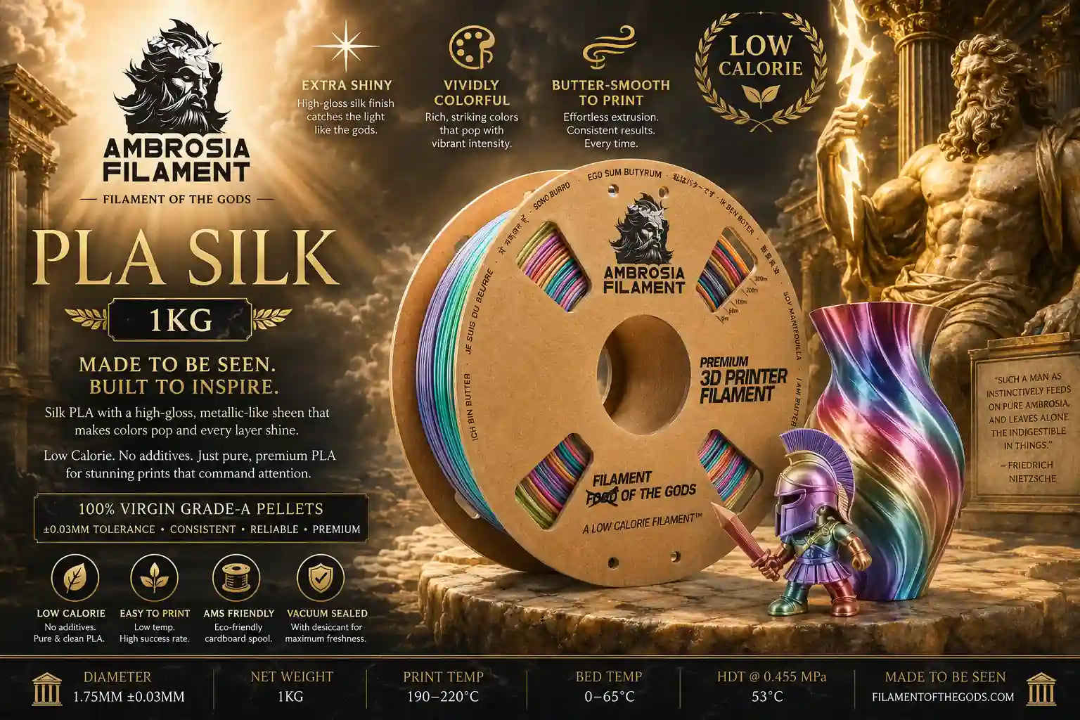 Ambrosia Filament PLA Silk 1kg filament spool with a colorful rainbow filament cone and a small 3D-printed figurine, set against a dramatic golden classical statue background with feature callouts.