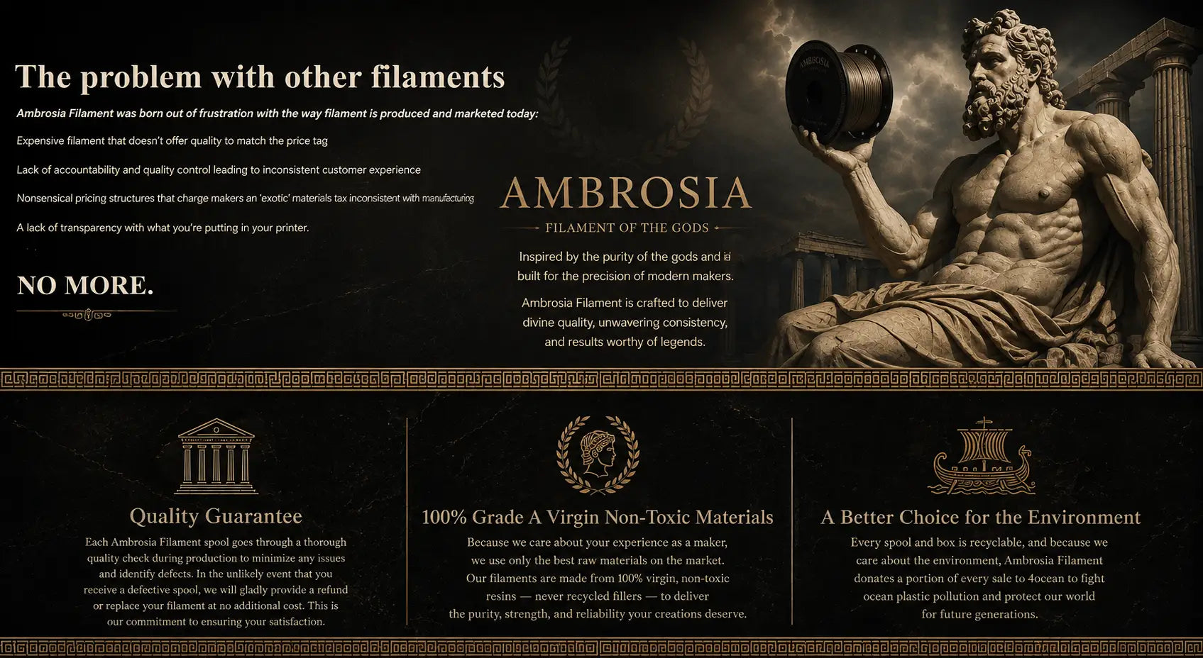 A promotional banner for Ambrosia Filament of the Gods, featuring a dark brown and black background with text about quality, environmental benefits, and a classical statue holding a bowl of filament.