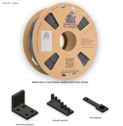 Spool of Ambrosia Filament on a white background with examples black