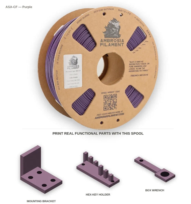 Spool of Ambrosia Filament on a white background with examples purple