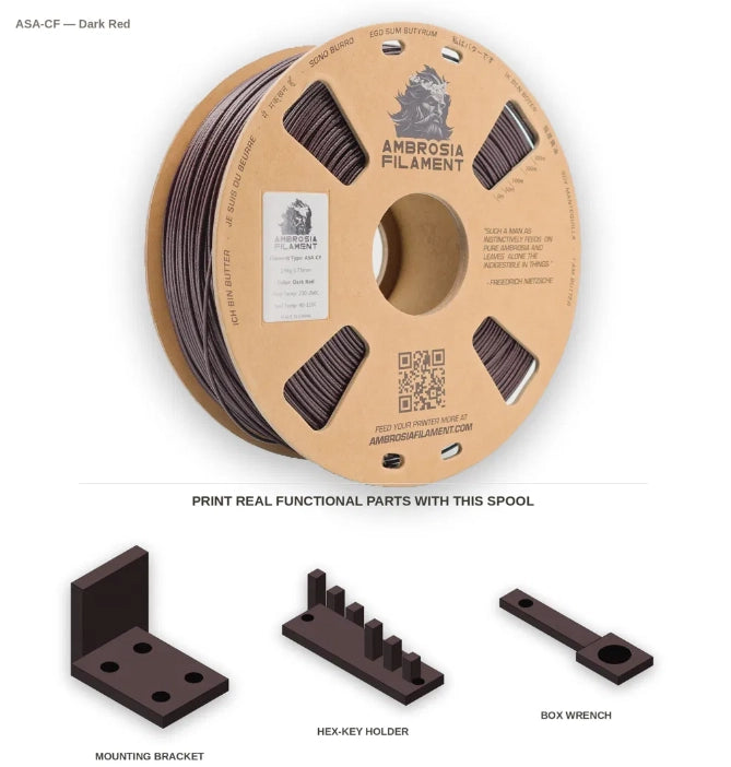 Spool of Ambrosia Filament on a white background with examples red