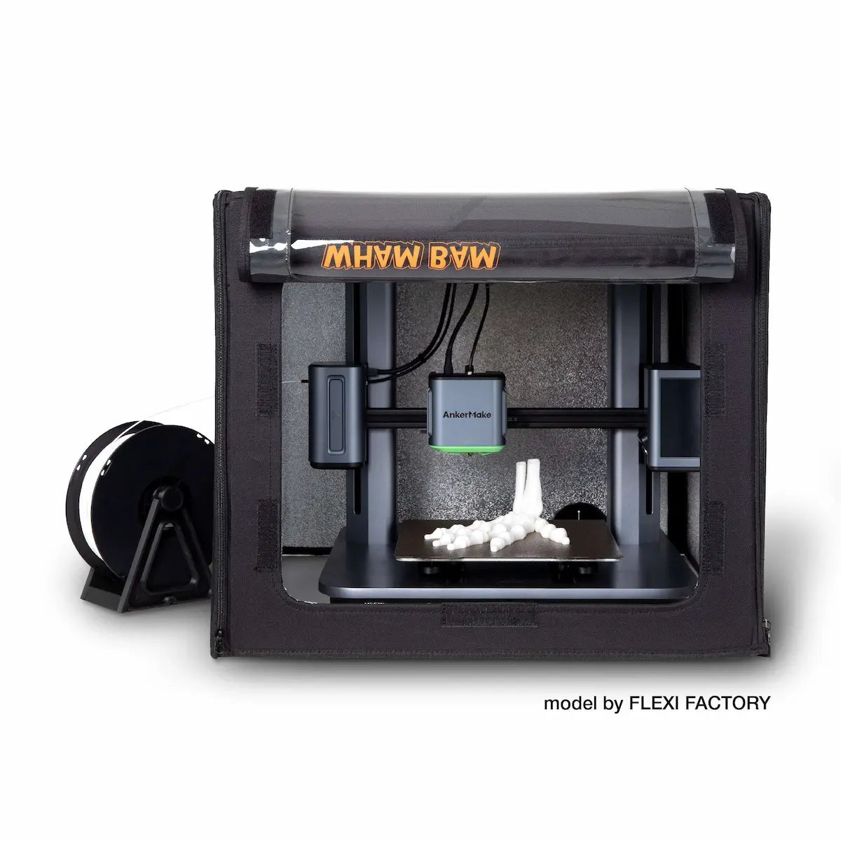 WhamBam Hot Box with a White background and a spool of white filament