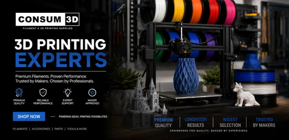 3d printer and filament portrayed to show what it can create with a printed dog in the front.