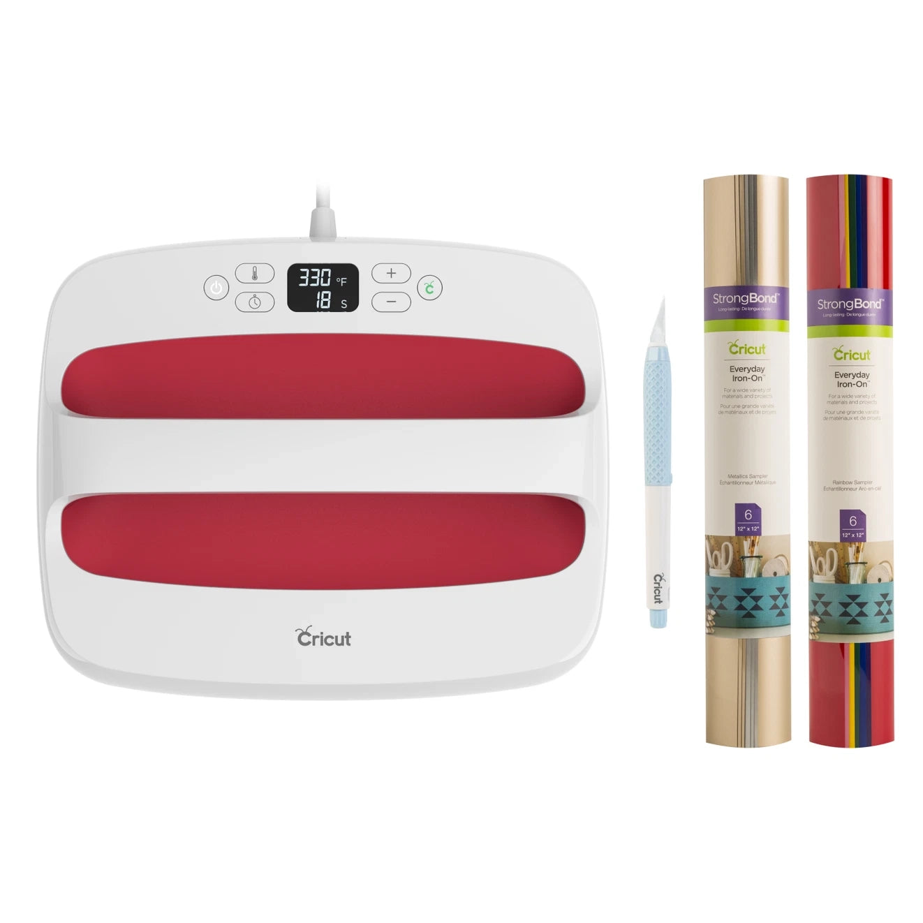 Cricut machine with rolls of vinyl and a pen on a white background
