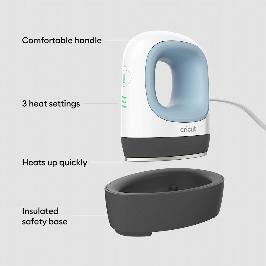 Cricut heat tool with features highlighted on a gray background