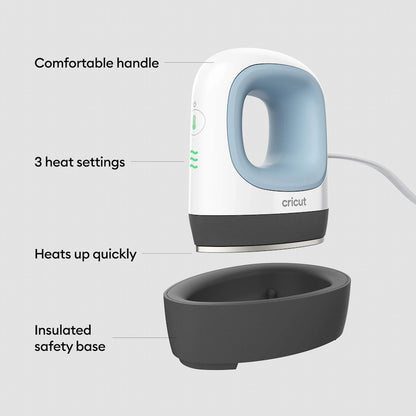 Cricut heat tool with features highlighted on a gray background