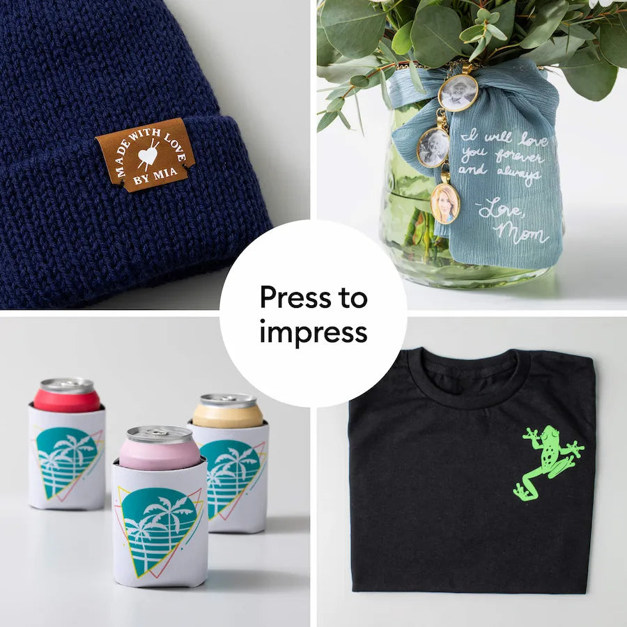Collage of personalized items including a beanie, jar with charm, can coolers, and t-shirt with a frog design.