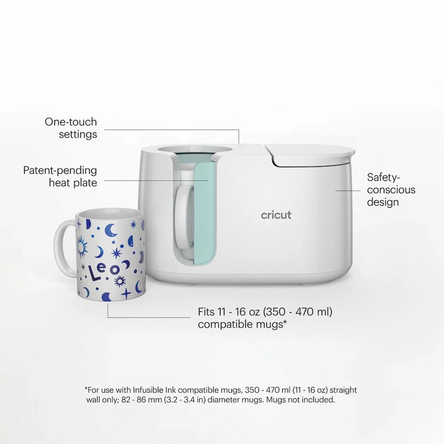 Cricut mug warmer with text highlighting features on a white background