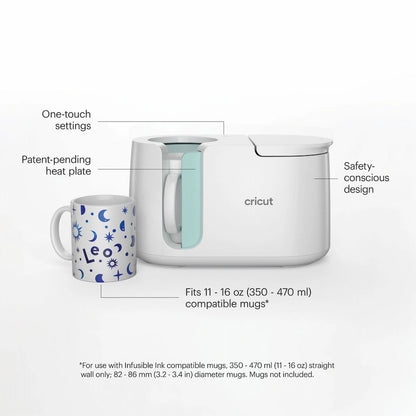 Cricut mug warmer with text highlighting features on a white background