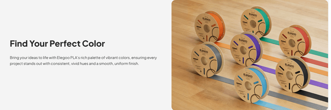 Wooden spools of colorful filament on a wooden surface with text 'Find Your Perfect Color'.