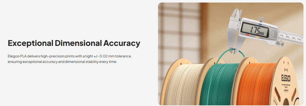 Spools of filament with a digital caliper displaying measurement, emphasizing dimensional accuracy.