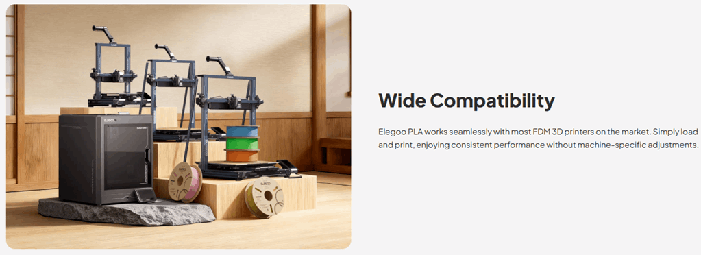 3D printer with materials on a wooden floor, text about wide compatibility.