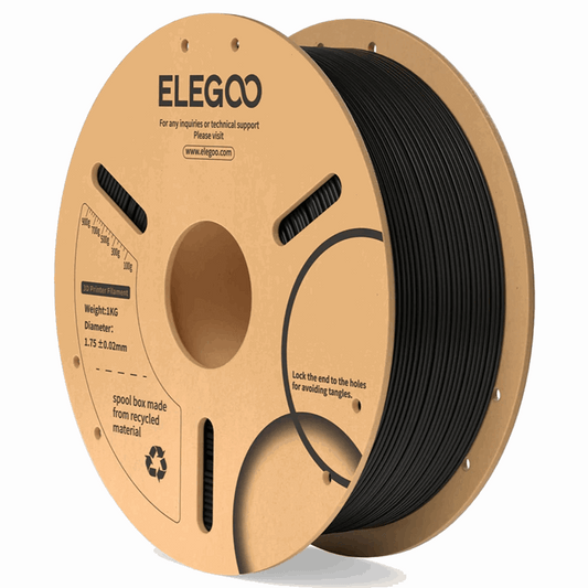 Spool of black filament on a cardboard reel with ELEGOO branding.