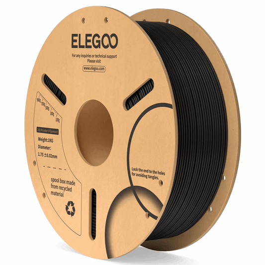 Spool of black filament on a cardboard reel with ELEGOO branding.