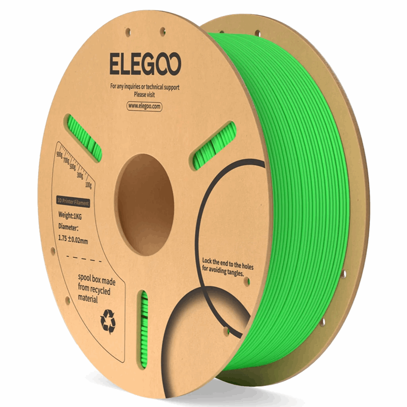Spool of green filament with ELEGOO branding on a cardboard reel.