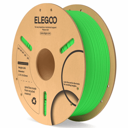 Spool of green filament with ELEGOO branding on a cardboard reel.