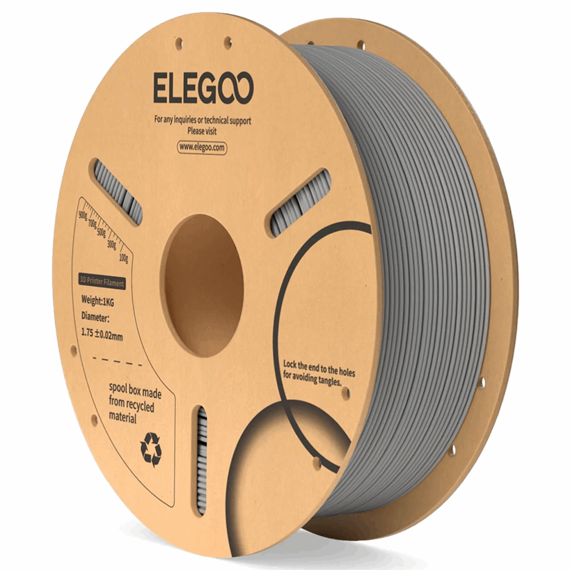 Spool of gray filament on a cardboard reel with ELEGOO branding.