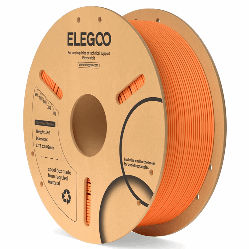 Spool of orange filament with ELEGOO branding on a white background