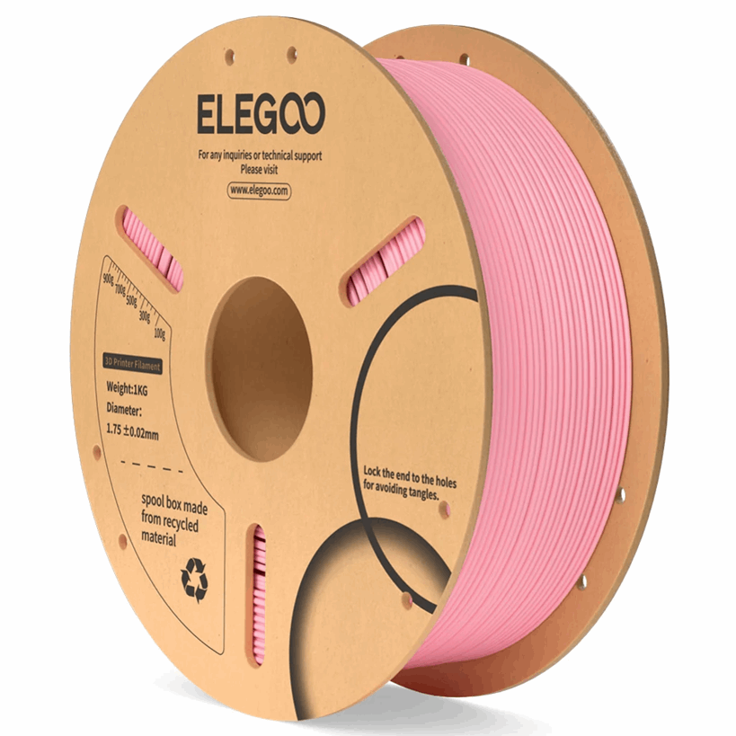 Spool of pink filament with ELEGOO branding on a white background