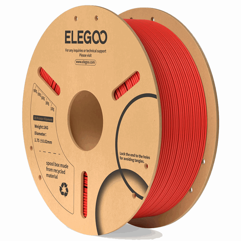 Spool of red filament with ELEGOO branding on a white background