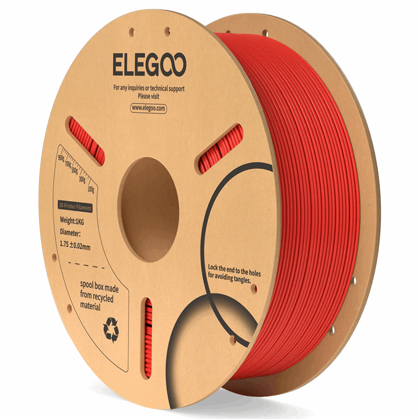 Spool of red filament with ELEGOO branding on a white background