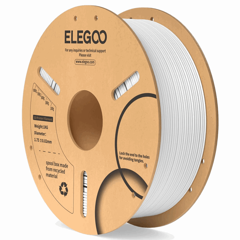 Spool of white filament with ELEGOO branding on a cardboard reel.