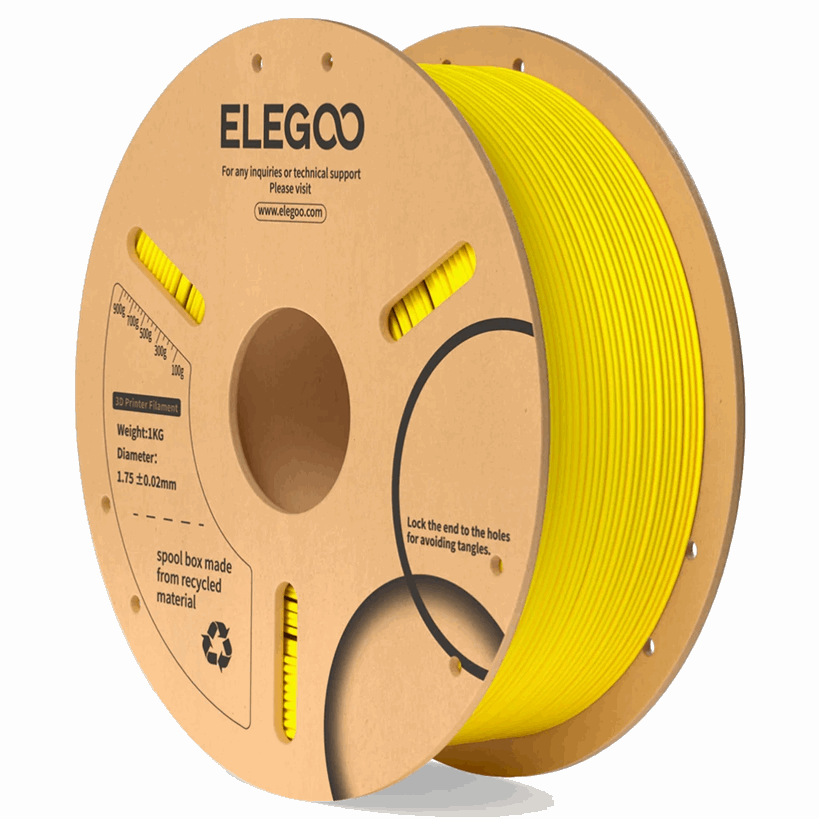 Spool of yellow filament with ELEGOO branding on a white background