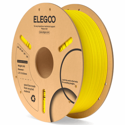 Spool of yellow filament with ELEGOO branding on a white background